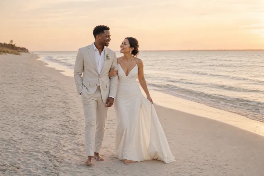 Illustrative AI-generated Beach Sunset wedding scene