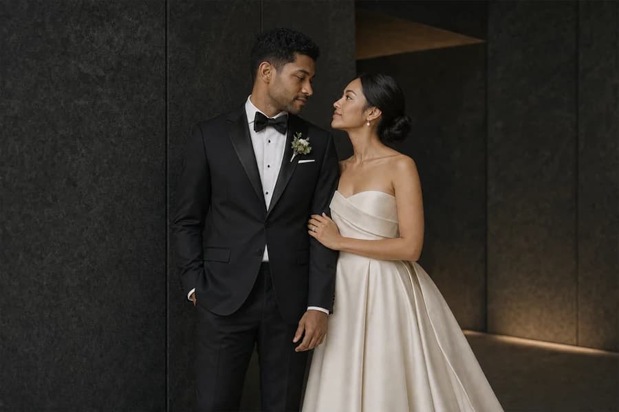 Illustrative AI-generated Black-Tie Editorial wedding scene