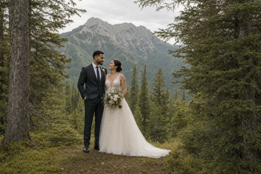 Illustrative AI-generated Mountain & Forest wedding scene